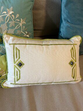 12 x 18 White w/Green Jeweled Accent Pillow